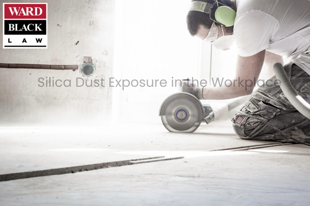 Construction worker cutting concrete with protective mask, exposed to harmful silica dust in the workplace.